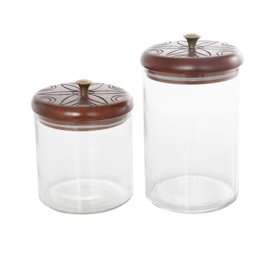 Clear Glass Floral Carved Decorative Jar Set with Brown Wooden Lids & Gold Knobs